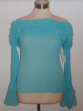 Kaeylyn Max II Off-Shoulder Fringe Detail Sheer Top (Aqua Blue)